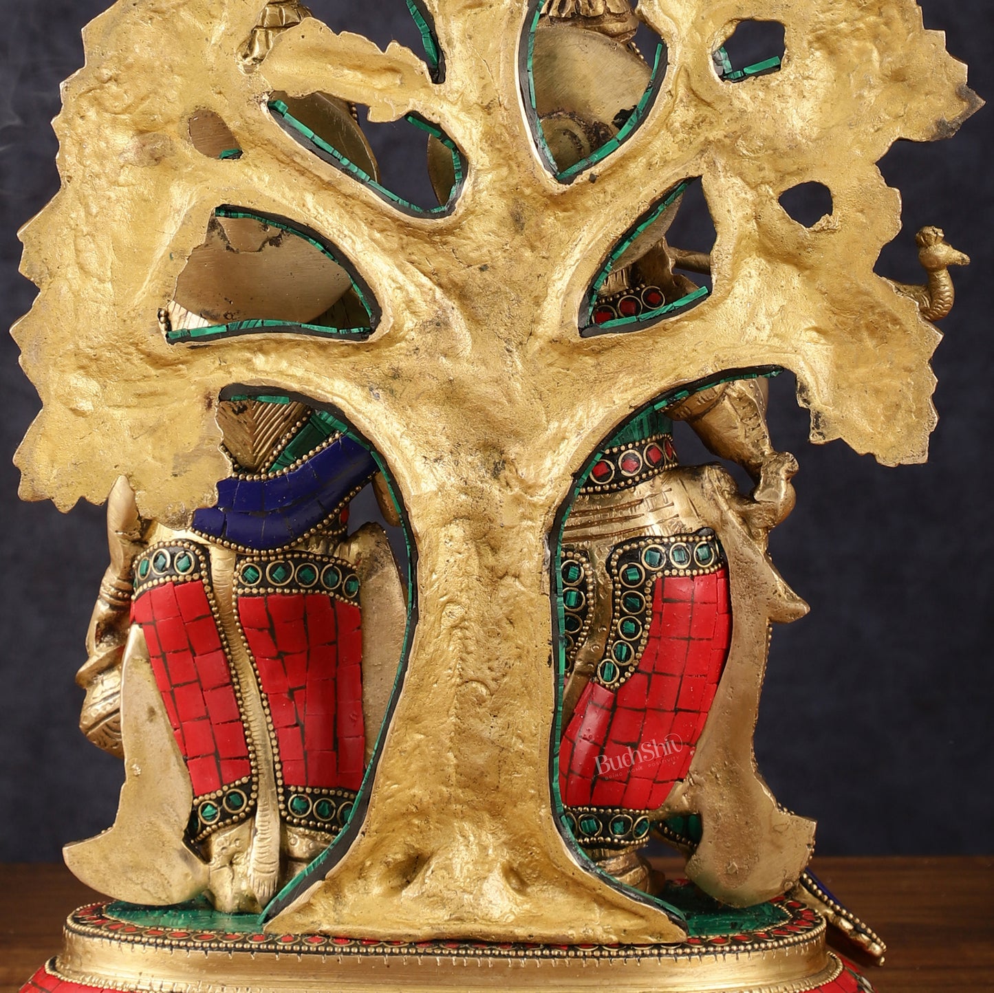 Elegant Brass Radha Krishna Idols with Kalpavriksha Tree & Peacock - 14" Meenakari Stonework