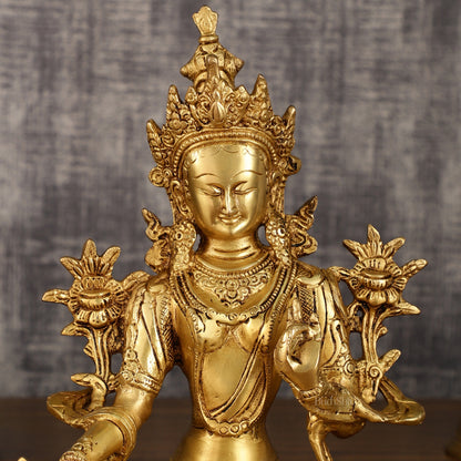 Pure Brass Green Tara Statue with Golden Hue | 10 Inch Height