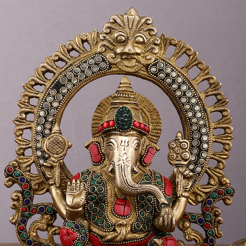 Pure Brass Ganesha and Lakshmi Idols with Meenakari Stonework 9.5"