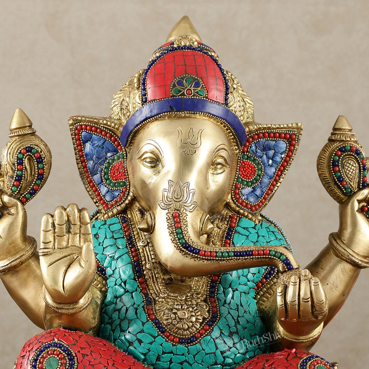 Brass Superfine Ganesha Statue with Meenakari & Stonework – 13.5 Inch