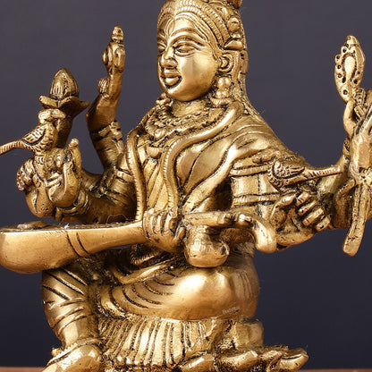 Pure Brass Raja Shyamala Devi Matangi Saraswati Idol with Eight Arms 7"