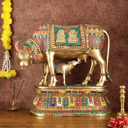 Brass Large Kamdhenu Cow with Calf Idol with Stonework - 21" x 22"