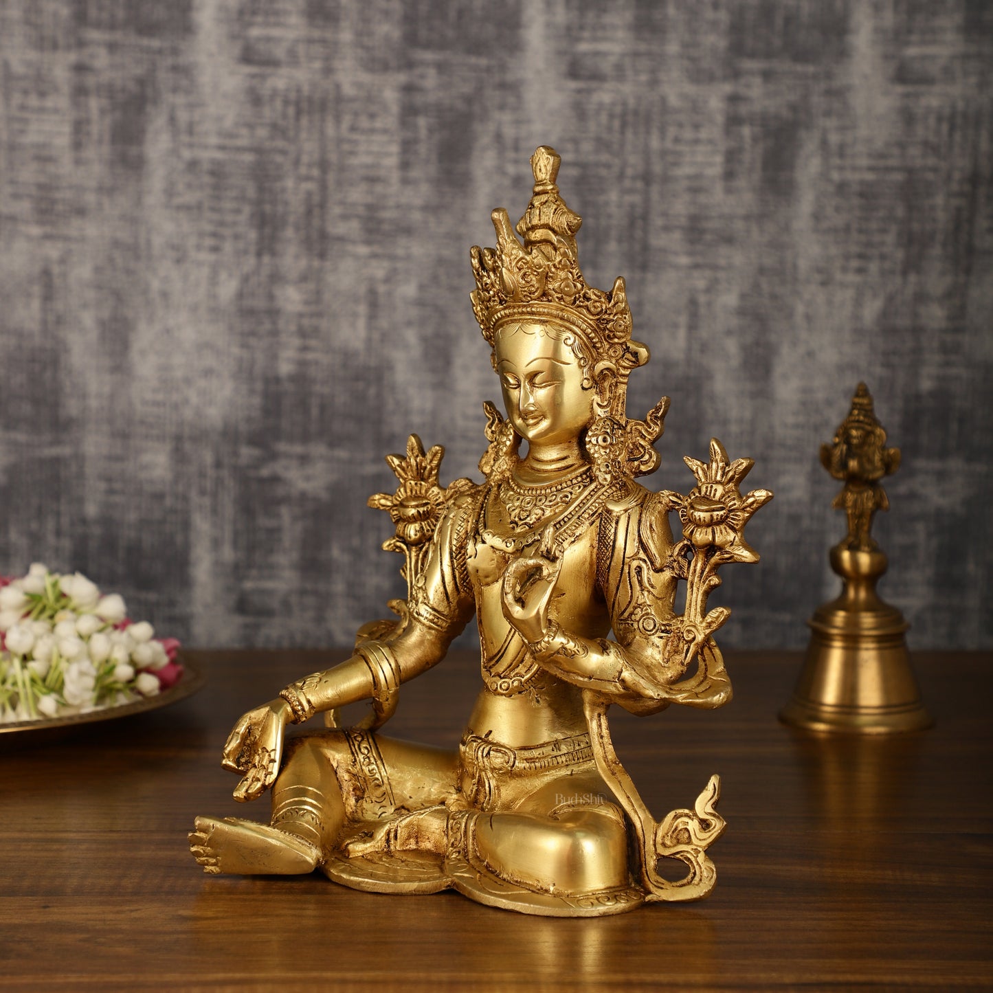 Pure Brass Green Tara Statue with Golden Hue | 10 Inch Height