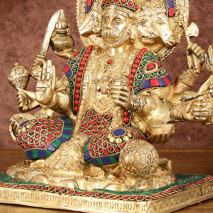 Pure Brass Superfine Panchmukhi Hanuman Blessing Statue with Multicolour Meenakari - 10"