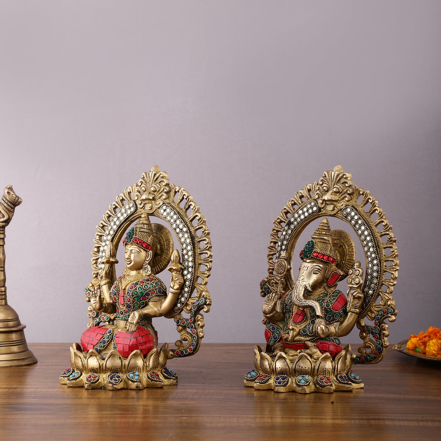 Pure Brass Ganesha and Lakshmi Idols with Meenakari Stonework 9.5"