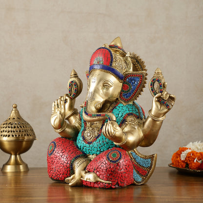 Brass Superfine Ganesha Statue with Meenakari & Stonework – 13.5 Inch