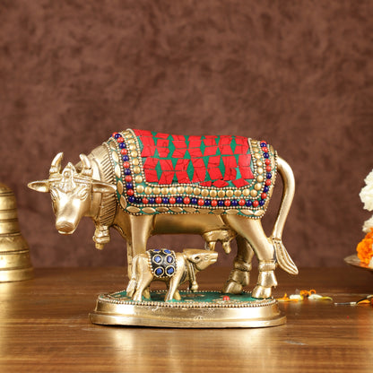 Brass Kamadhenu Cow with Calf Idol | Meenakari 6.5"