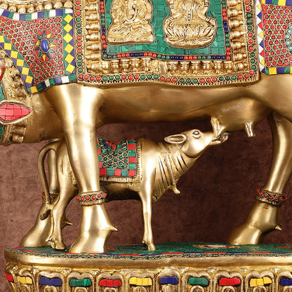 Brass Large Kamdhenu Cow with Calf Idol with Stonework - 21" x 22"