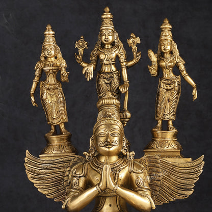 Pure Brass Superfine Tirupati Balaji Bhudevi and Sridevi on Garuda Statue 18"