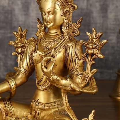 Pure Brass Green Tara Statue with Golden Hue | 10 Inch Height