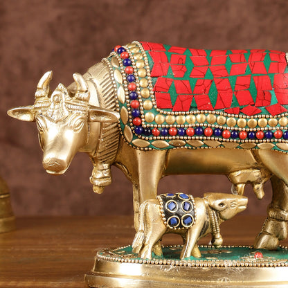 Brass Kamadhenu Cow with Calf Idol | Meenakari 6.5"