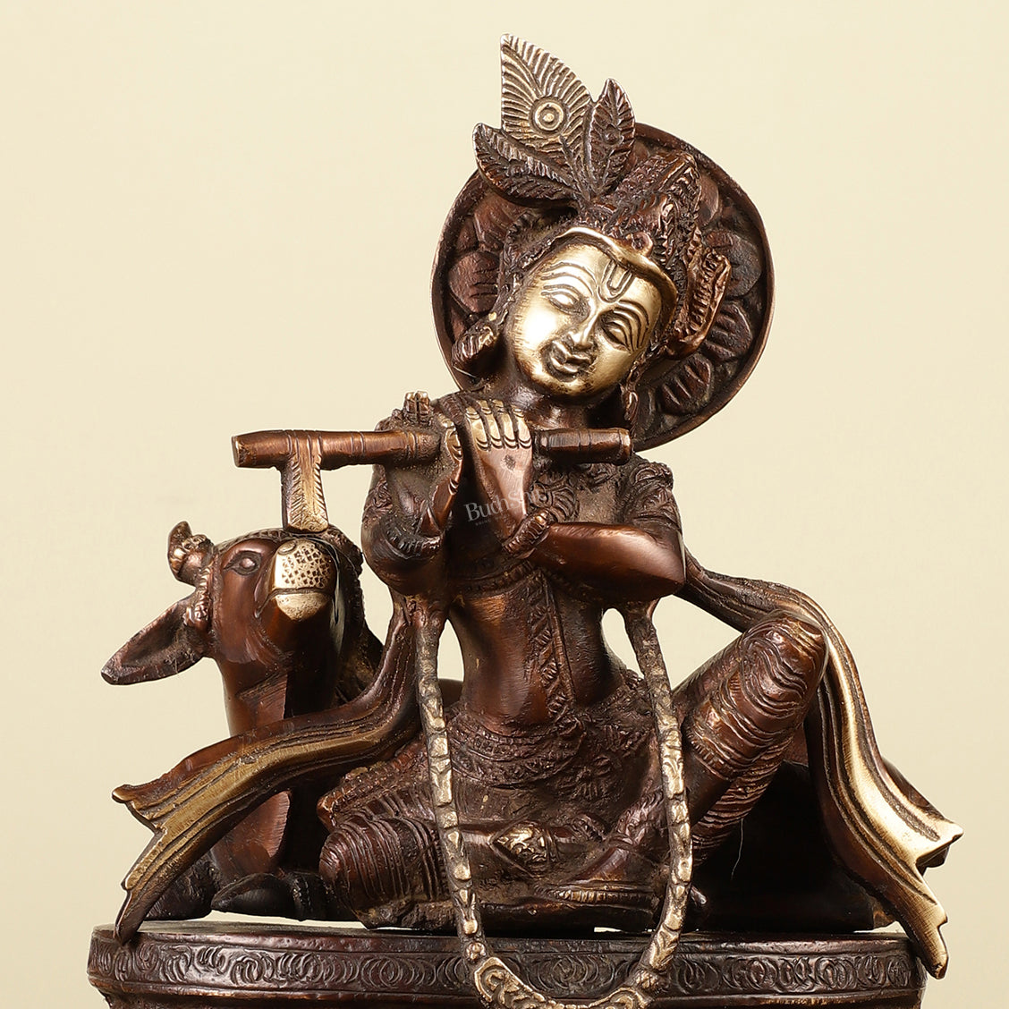 Pure Brass Lord Krishna Sitting with Cow Idol 8.5"