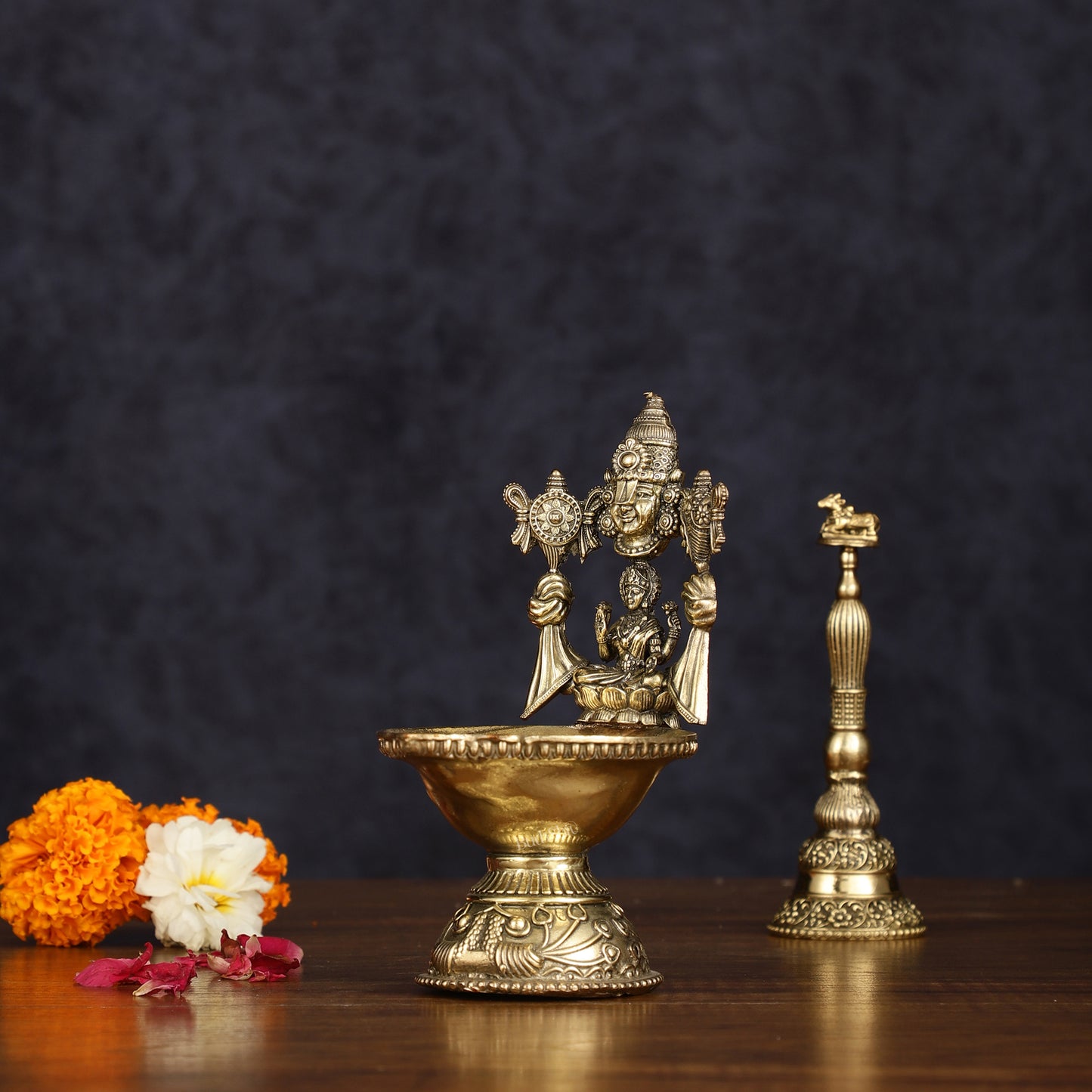 Brass Tirupati Balaji with Lakshmi Diya Oil Lamp 5.5 inch