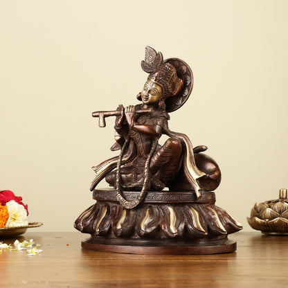 Pure Brass Lord Krishna Sitting with Cow Idol 8.5"