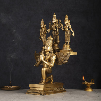 Pure Brass Superfine Tirupati Balaji Bhudevi and Sridevi on Garuda Statue 18"