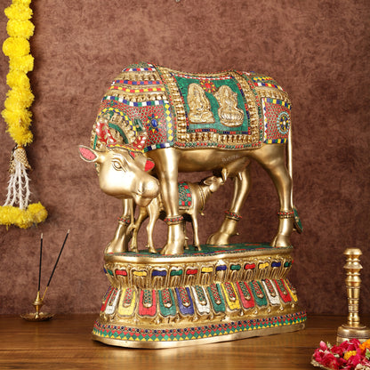 Brass Large Kamdhenu Cow with Calf Idol with Stonework - 21" x 22"