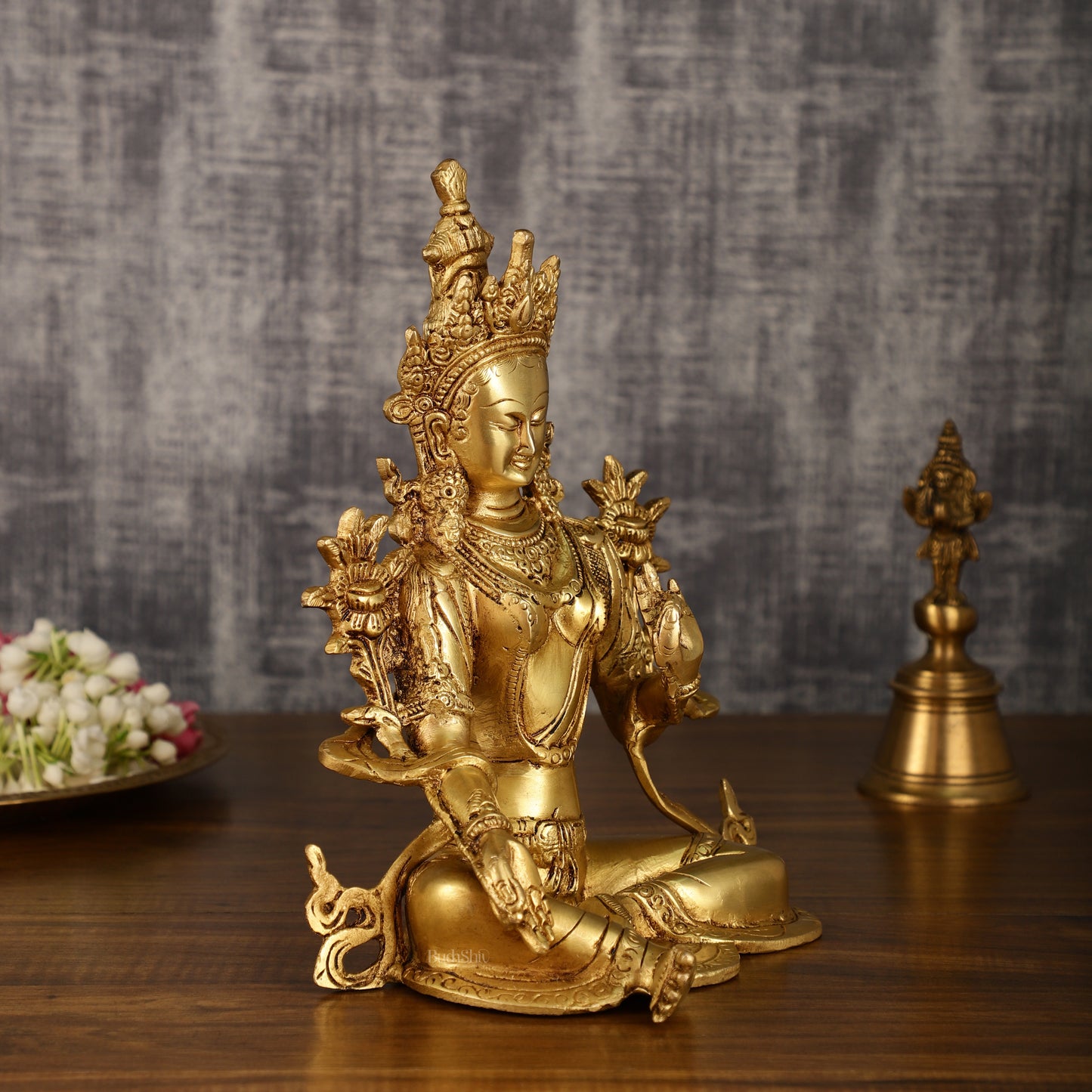 Pure Brass Green Tara Statue with Golden Hue | 10 Inch Height