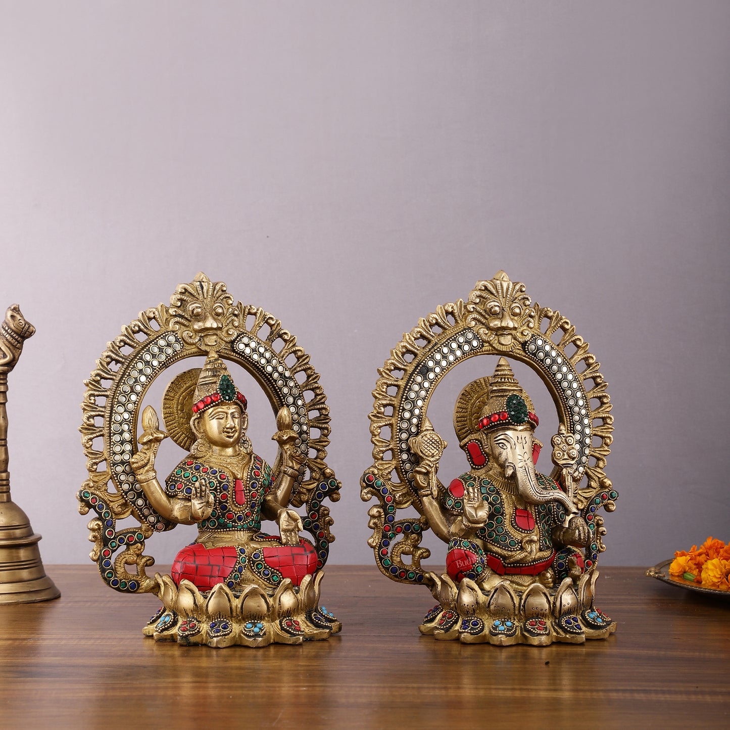 Pure Brass Ganesha and Lakshmi Idols with Meenakari Stonework 9.5"