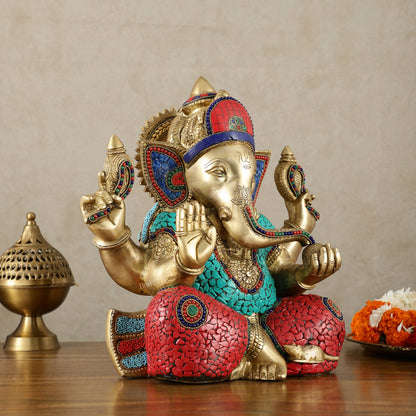 Brass Superfine Ganesha Statue with Meenakari & Stonework – 13.5 Inch