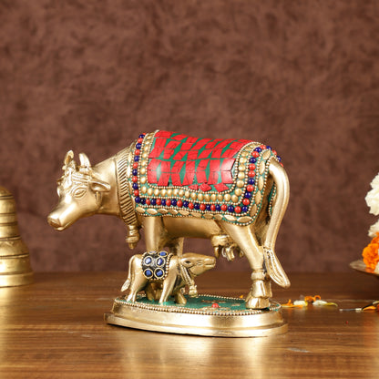 Brass Kamadhenu Cow with Calf Idol | Meenakari 6.5"