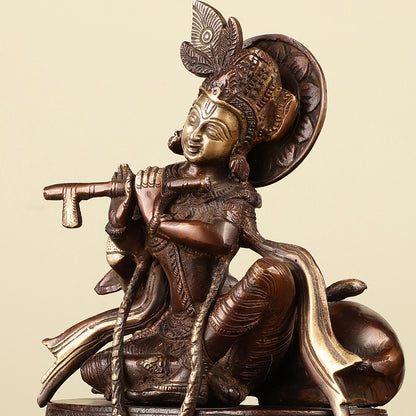 Pure Brass Lord Krishna Sitting with Cow Idol 8.5"