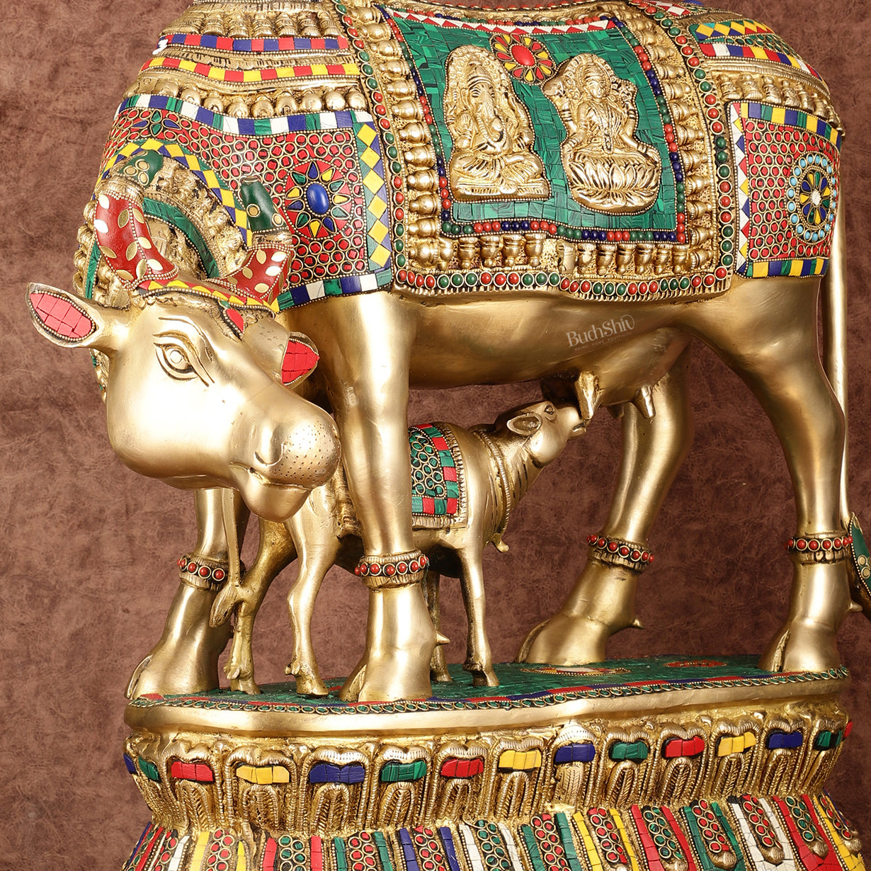 Brass Large Kamdhenu Cow with Calf Idol with Stonework - 21" x 22"