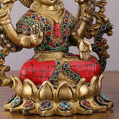 Pure Brass Ganesha and Lakshmi Idols with Meenakari Stonework 9.5"