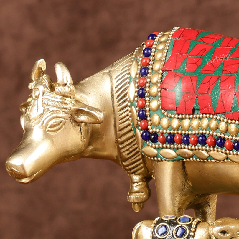 Brass Kamadhenu Cow with Calf Idol | Meenakari 6.5"