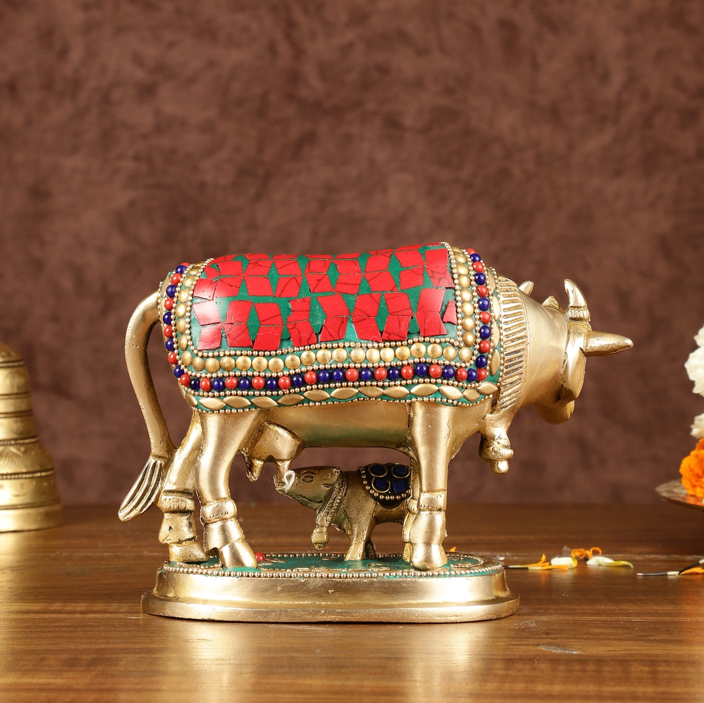 Brass Kamadhenu Cow with Calf Idol | Meenakari 6.5"