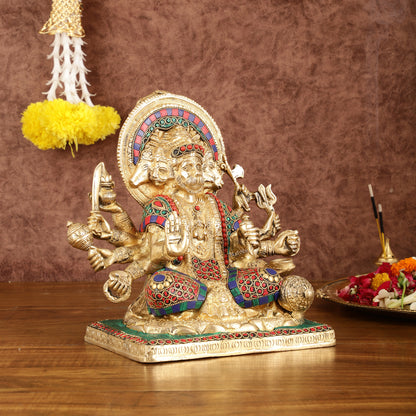 Pure Brass Superfine Panchmukhi Hanuman Blessing Statue with Multicolour Meenakari - 10"