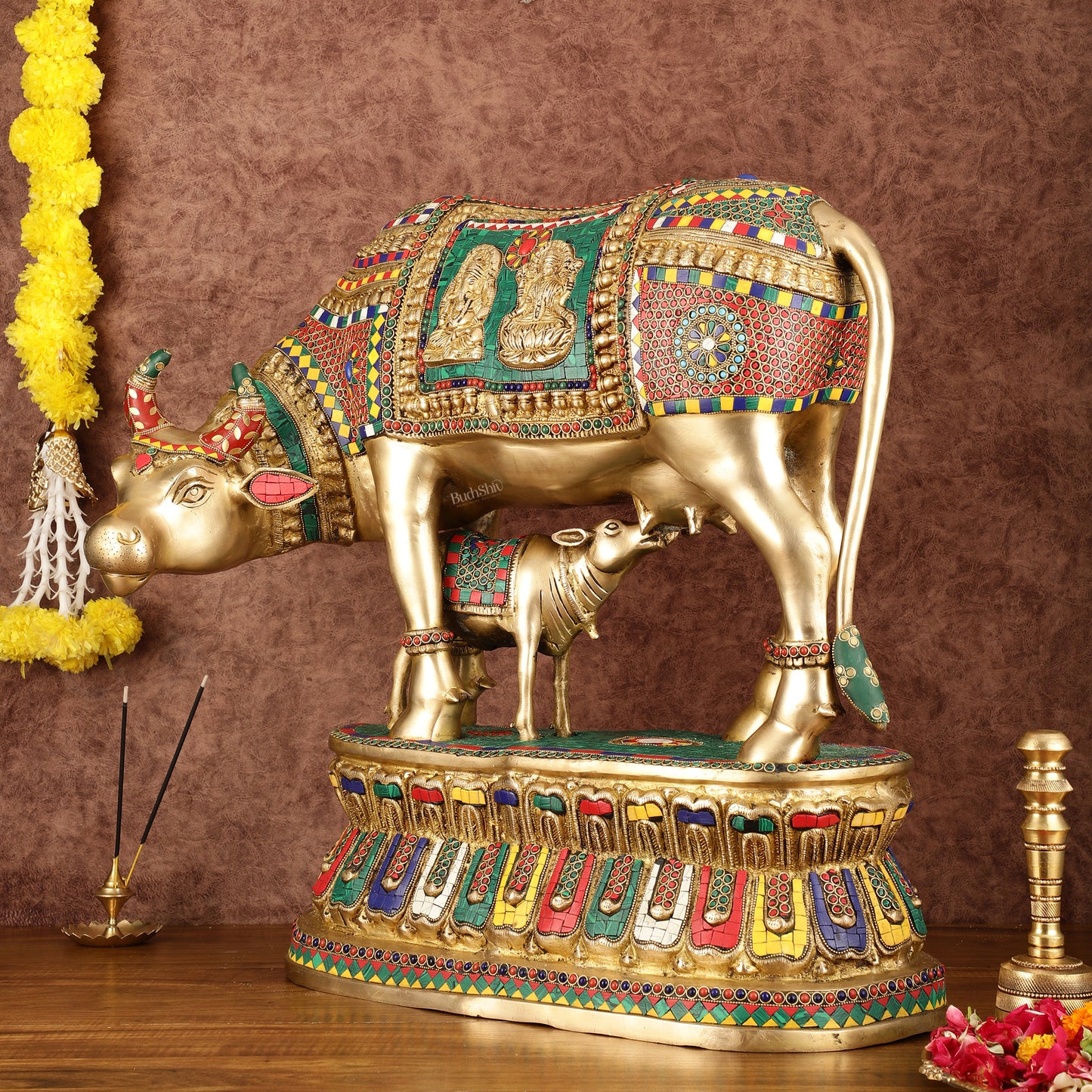 Brass Large Kamdhenu Cow with Calf Idol with Stonework - 21" x 22"