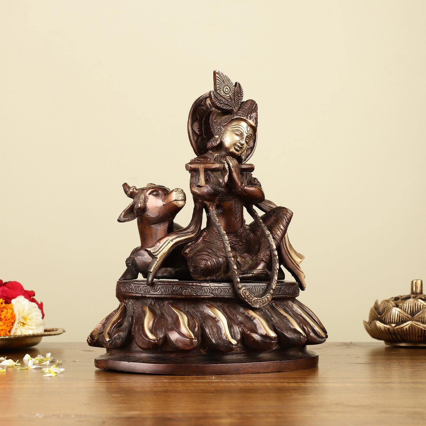 Pure Brass Lord Krishna Sitting with Cow Idol 8.5"