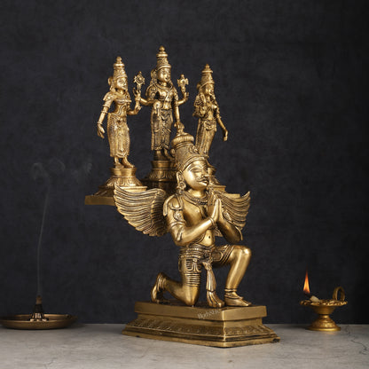 Pure Brass Superfine Tirupati Balaji Bhudevi and Sridevi on Garuda Statue 18"