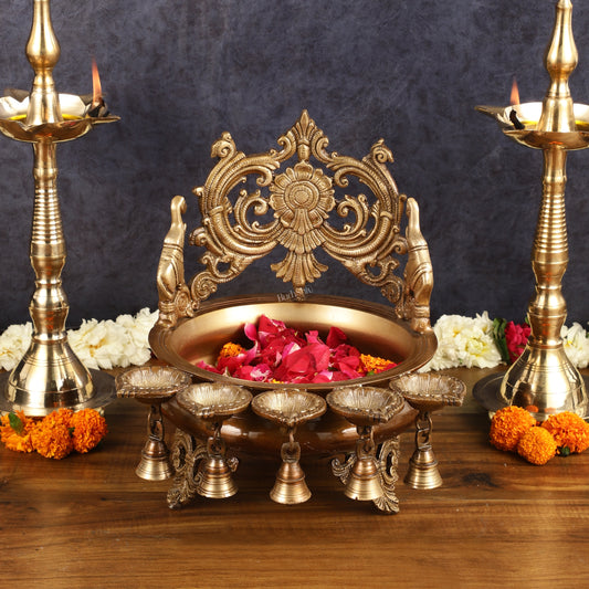 Majestic Pure Brass Urli with Diyas and Bells - 12"