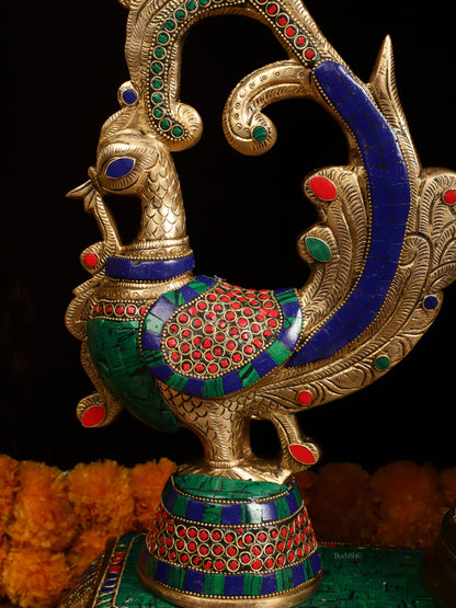 45" Outstanding Brass Radha Krishna with Peacock Temple Arch Meenakari Marvel