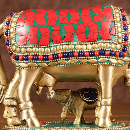 Brass Kamadhenu Cow with Calf Idol | Meenakari 6.5"