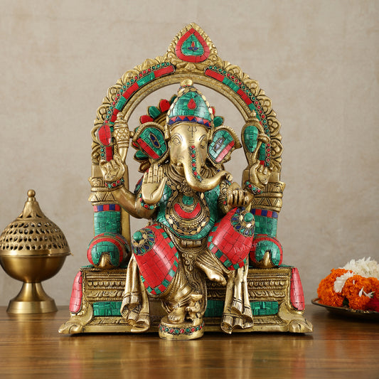 Pure Brass Superfine Lord Ganesha Seated on Throne meenakari Sculpture - 17"