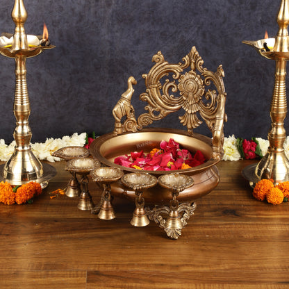 Majestic Pure Brass Urli with Diyas and Bells - 12"