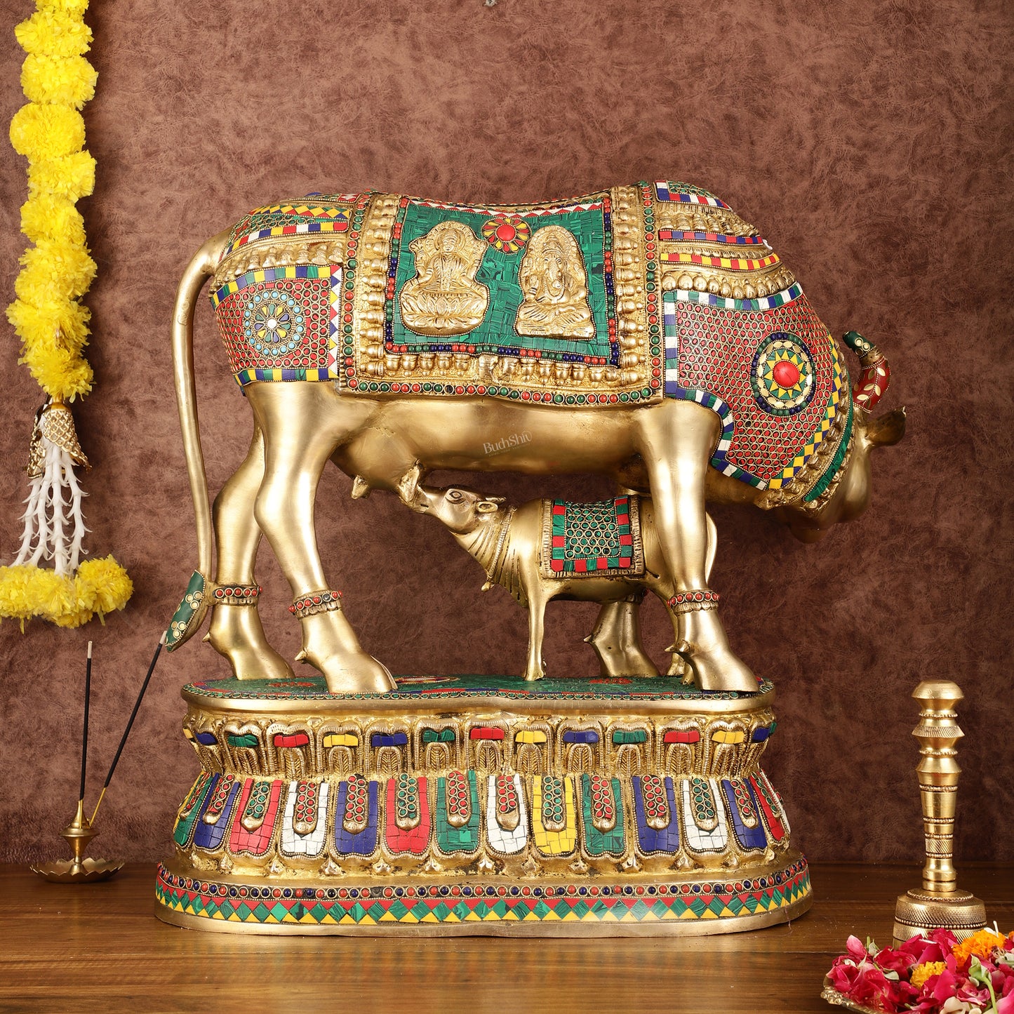 Brass Large Kamdhenu Cow with Calf Idol with Stonework - 21" x 22"