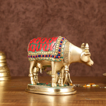 Brass Kamadhenu Cow with Calf Idol | Meenakari 6.5"