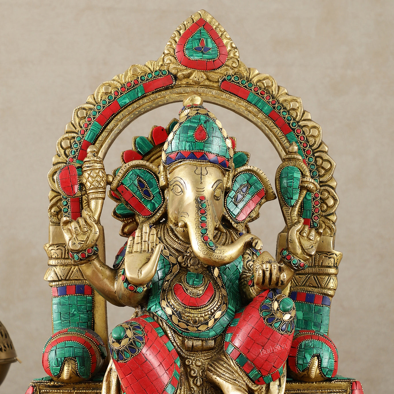 Pure Brass Superfine Lord Ganesha Seated on Throne meenakari Sculpture - 17"