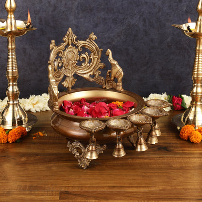 Majestic Pure Brass Urli with Diyas and Bells - 12"