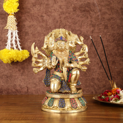 Brass Superfine Panchmukhi Hanuman with Stonework - 10"