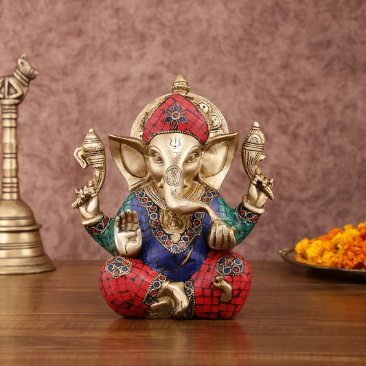 Sharp Featured Brass Ganesha Statue | 8 Inches | Exquisite Stonework