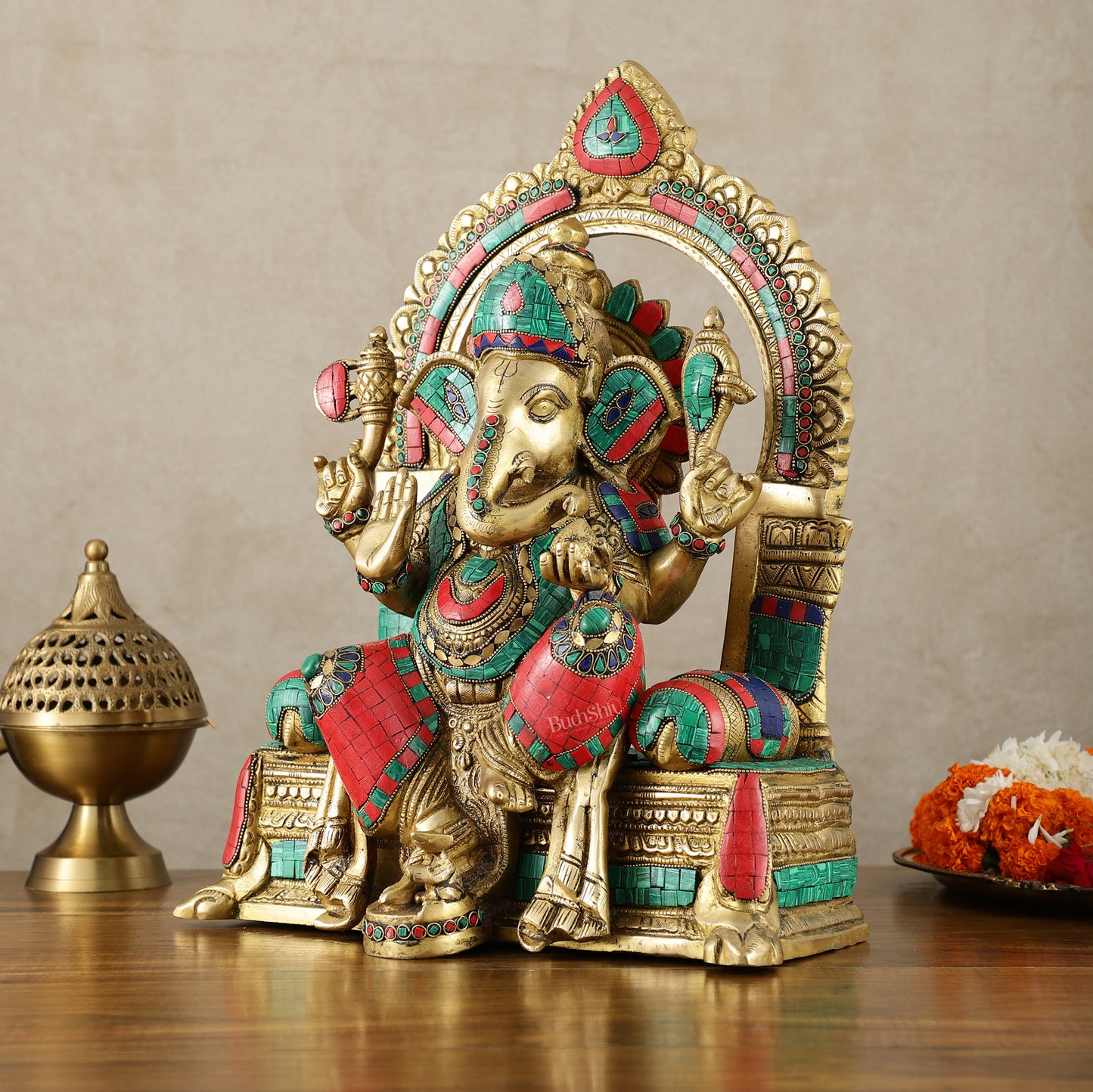 Pure Brass Superfine Lord Ganesha Seated on Throne meenakari Sculpture - 17"