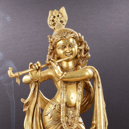 Pure Brass Superfine Krishna Statue with Peacock | Smiling Face | 27"