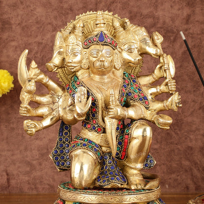 Brass Superfine Panchmukhi Hanuman with Stonework - 10"