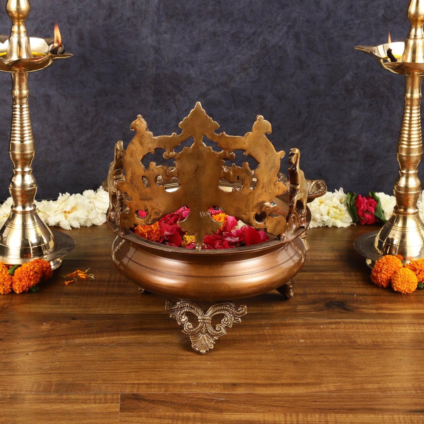 Majestic Pure Brass Urli with Diyas and Bells - 12"