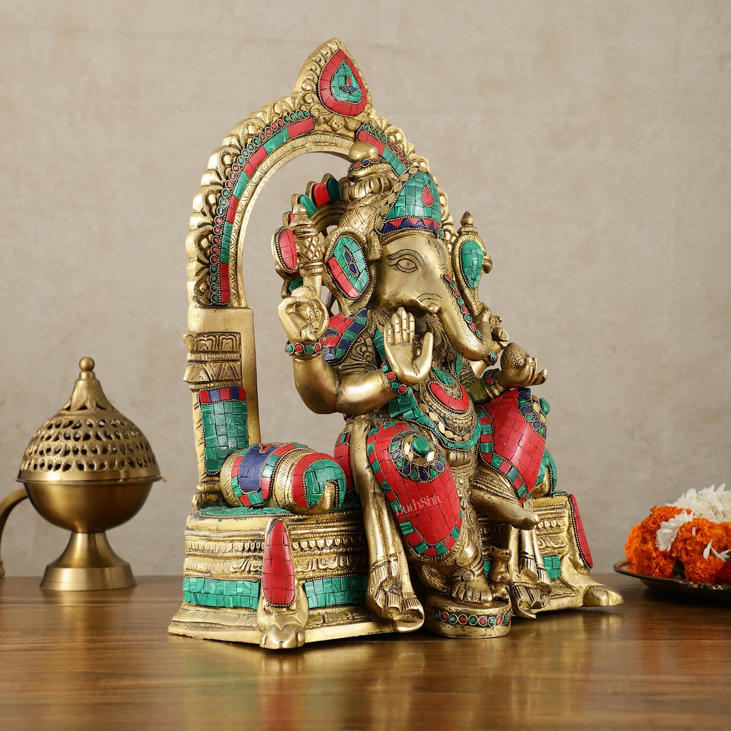 Pure Brass Superfine Lord Ganesha Seated on Throne meenakari Sculpture - 17"