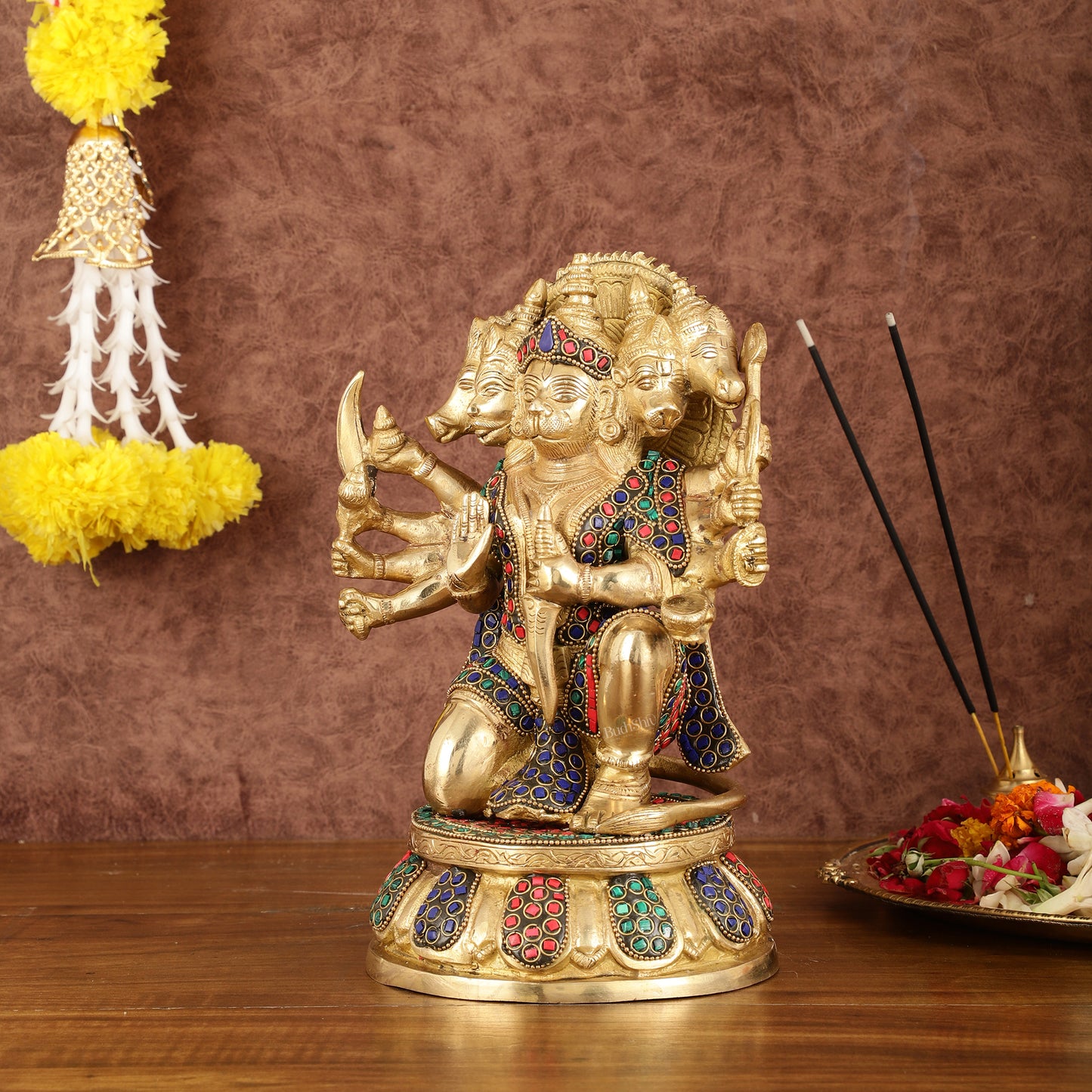 Brass Superfine Panchmukhi Hanuman with Stonework - 10"